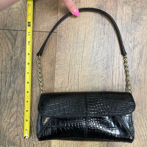 Vintage Y2K‎ Mini Satchel Shoulder Bag Black Alligator Print Brass Chain Vegan - Picture 10 of 11